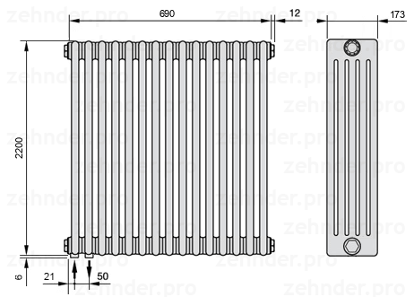 Схема (чертеж) Радиатор Zehnder Charleston 5220/15 №3370 Белый глянцевый RAL 9016